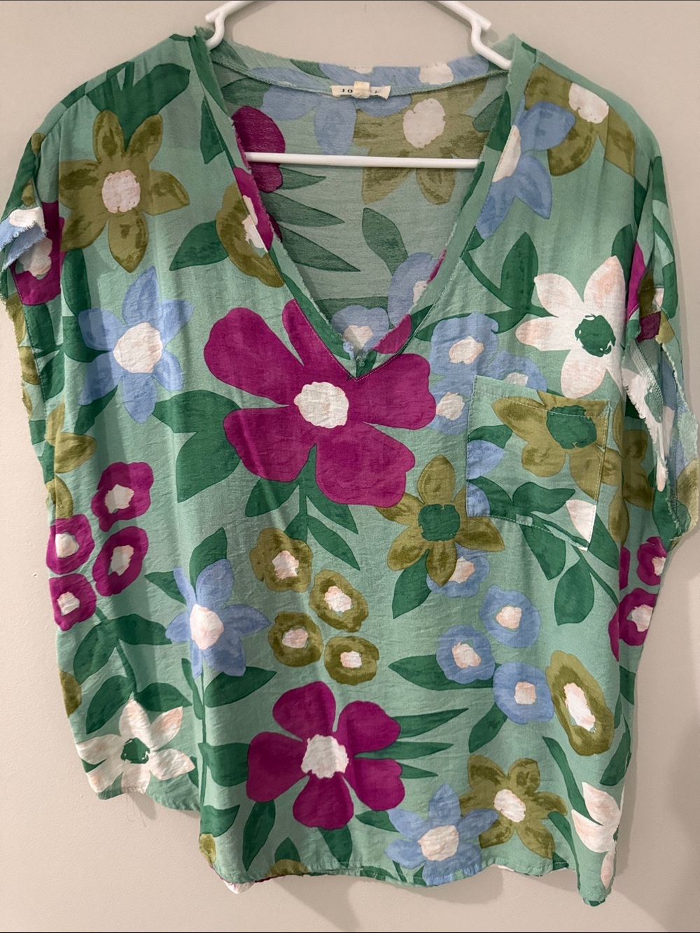 JODIFL Mint Green Floral V-Neck Tunic with Purple & Blue Blooms